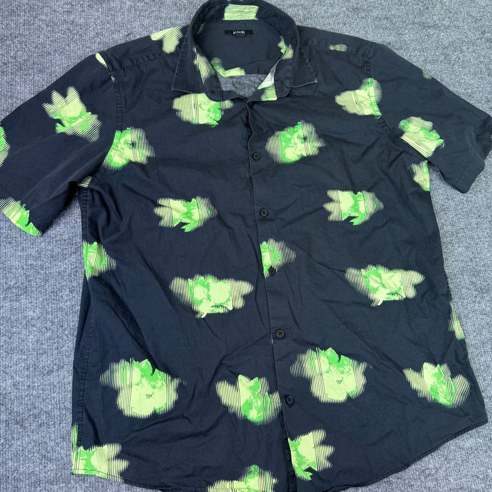 Alfani 100% Cotton Men's Short Sleeve Button Up Shirt Black Green Print Size L